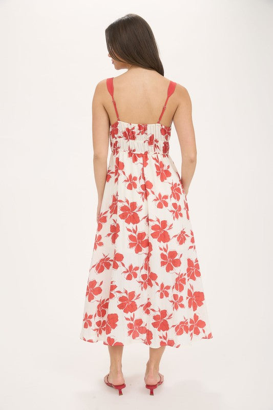 Floral Sweetheart Front Tie With Cutout Midi Dress