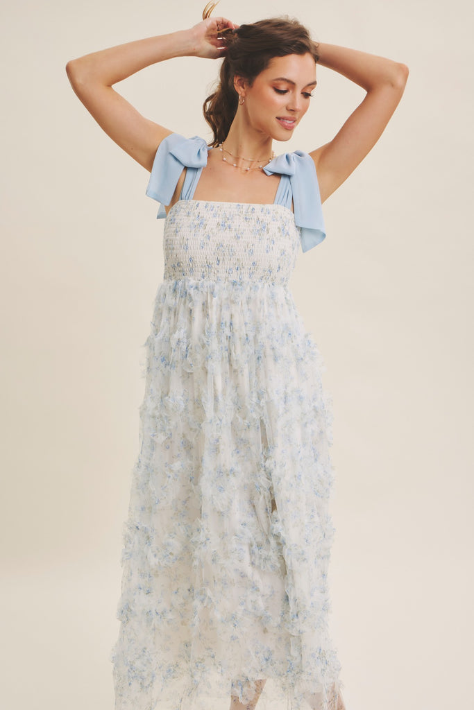 Textured Floral Smocked Midi Dress Tie Straps
