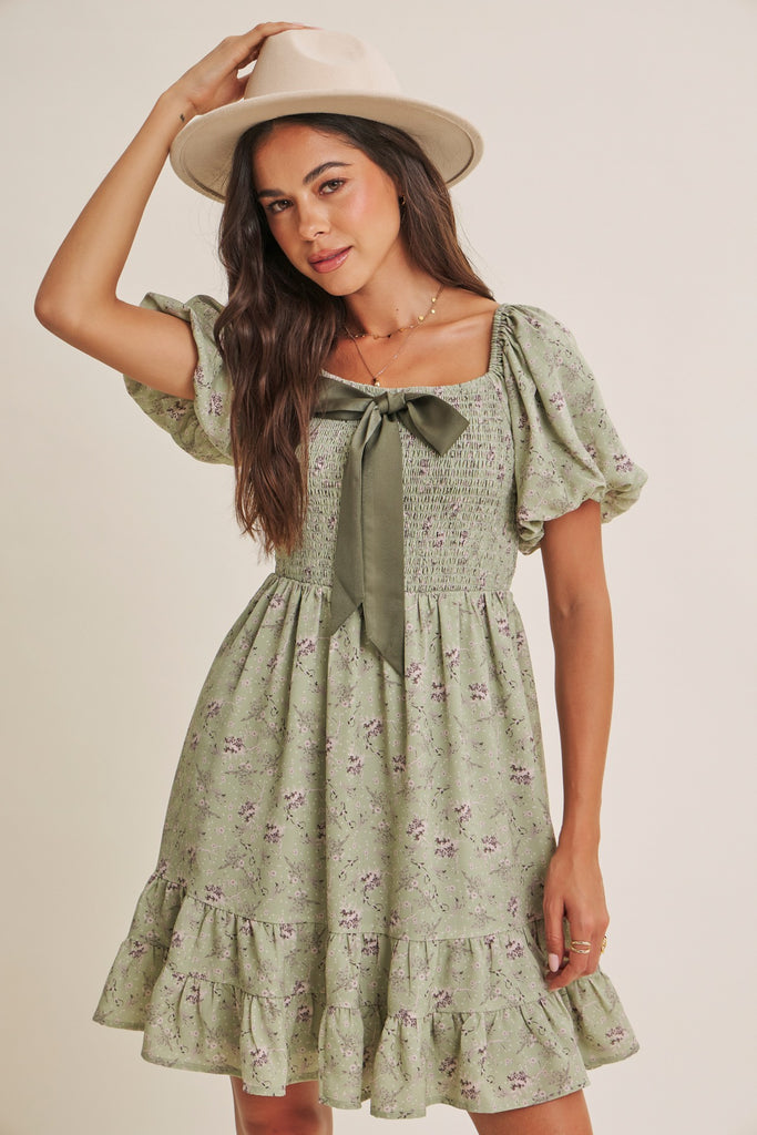 Autumn Garden Bow Smocked Mini Dress With Bubble Slvs
