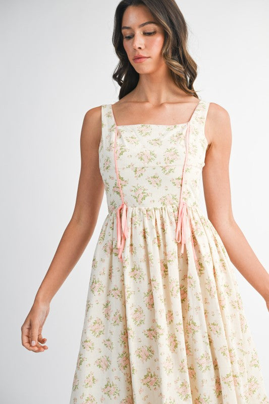 Floral Print Square Neck Contrast Pipinig Dress