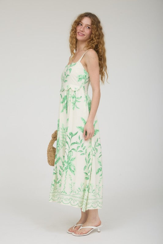 Leaf Print Scallop Detail Sleeveless Midi Dress