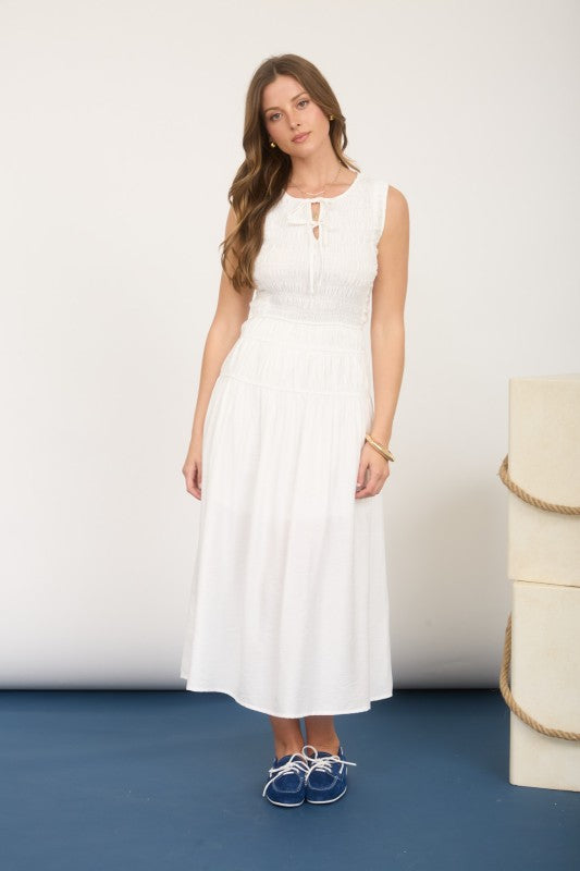 Front Tie Smocked Sleeveless Shirred Midi Dress