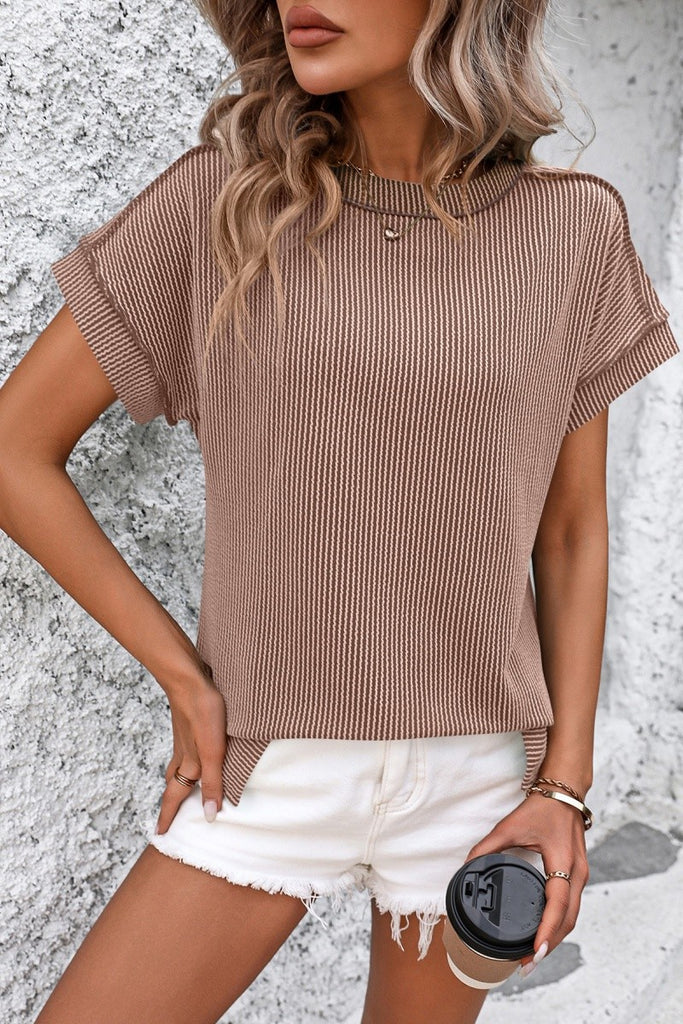 Ribbed Knit Top Relaxed Fit Short Sleeve Pocket Detail