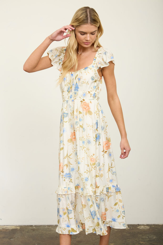 Floral Scoop Neck Ruffle Short Sleeve Midi Dress