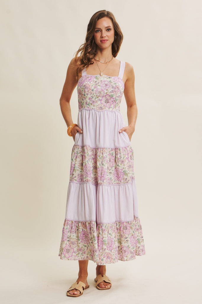 Dreamy Ideal Florals And Stripes Tiered Midi Dress