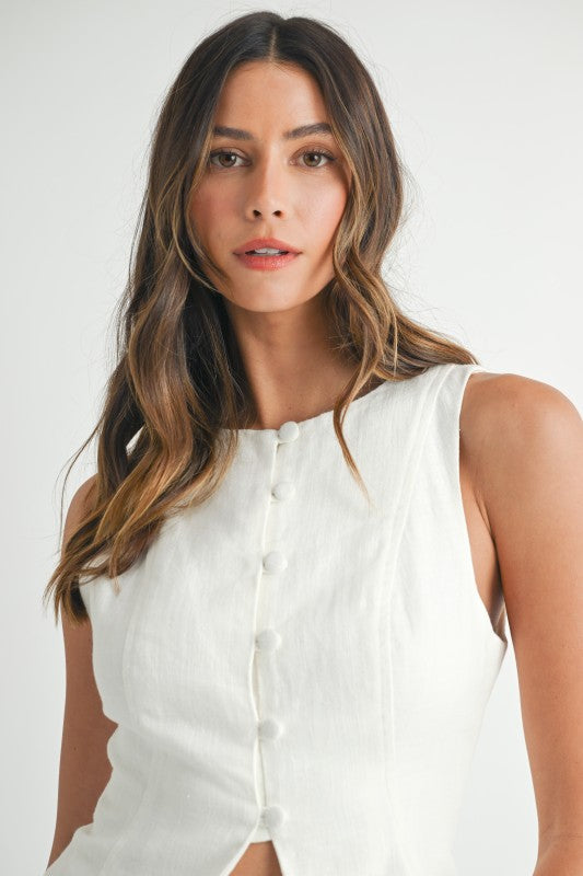 Linen Front Button Front Back Lace Up Vest