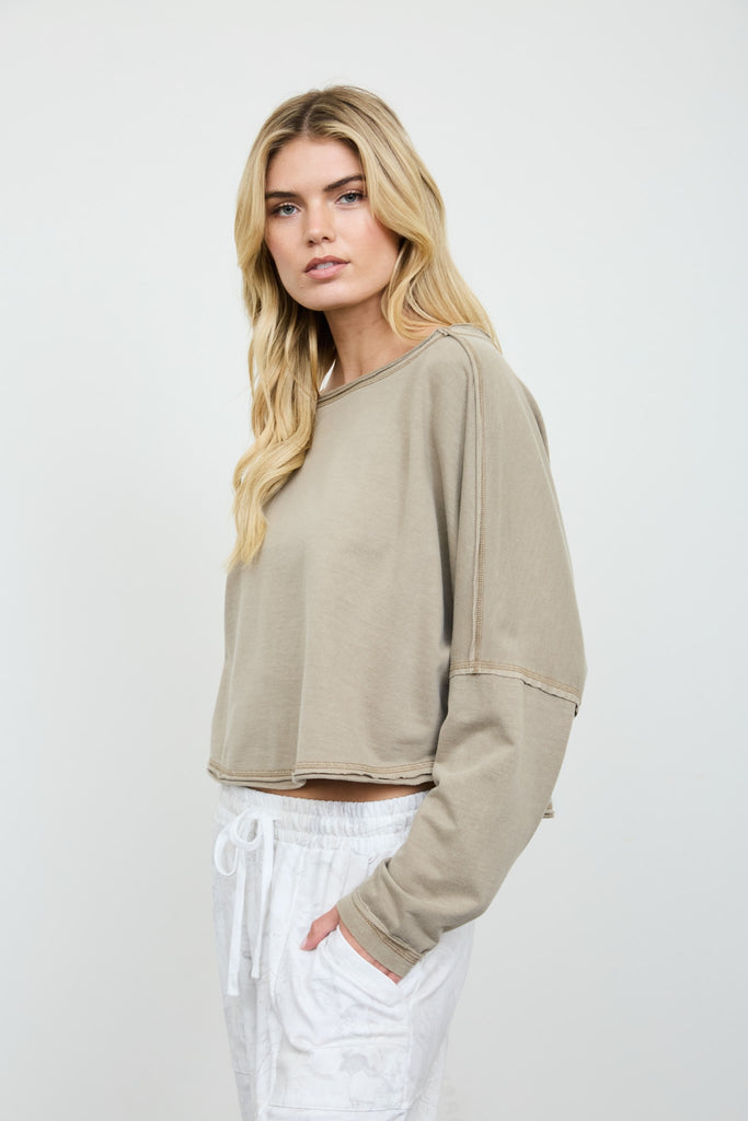 Boat Neck Raw Edge Long Sleeve Cropped Knit Top