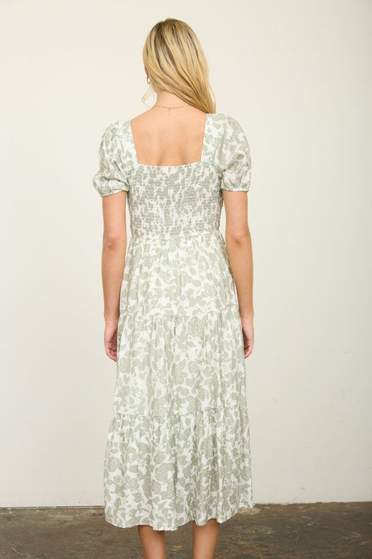 Floral Puff Sleeve Smocked Tiered Midi Dress