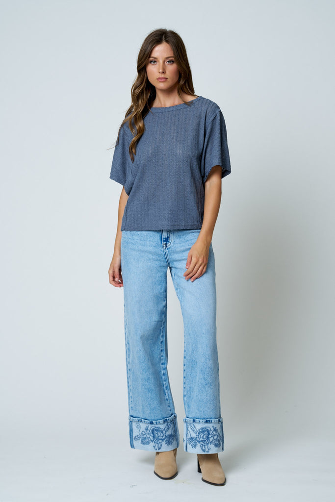 Dolman Short Sleeve Exposed Seam Textured Knit Top
