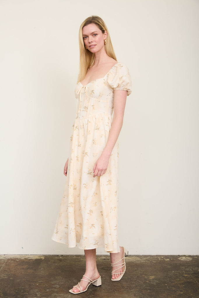 Floral Sweetheart Puff Sleeve Corset Midi Dress
