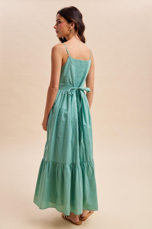 Gathered Cotton Button Down Maxi Dress