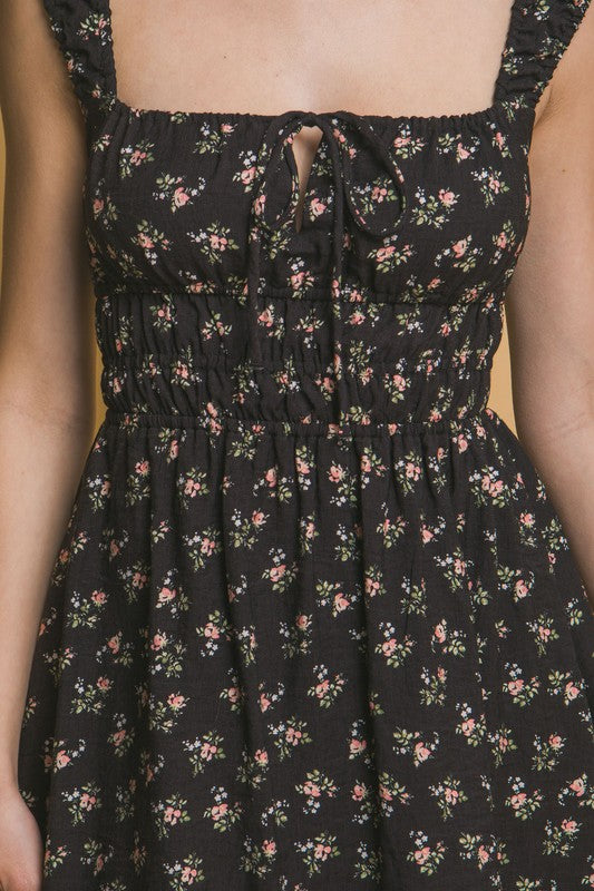 Floral Print Elastic Waist N Back Mini Dress