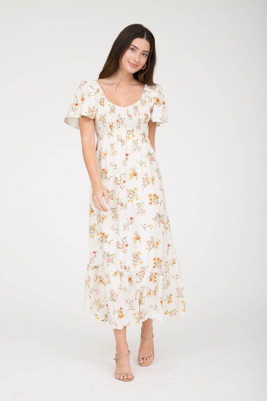Floral Bell Sleeve Smocked Bust Midi Dress