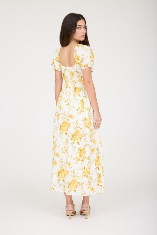 Floral Ruched Bust Puff Sleeve Midi Dress