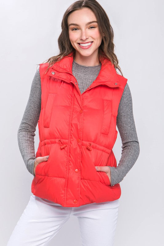 Zip Up Button Puffer Vest with Waist Toggles