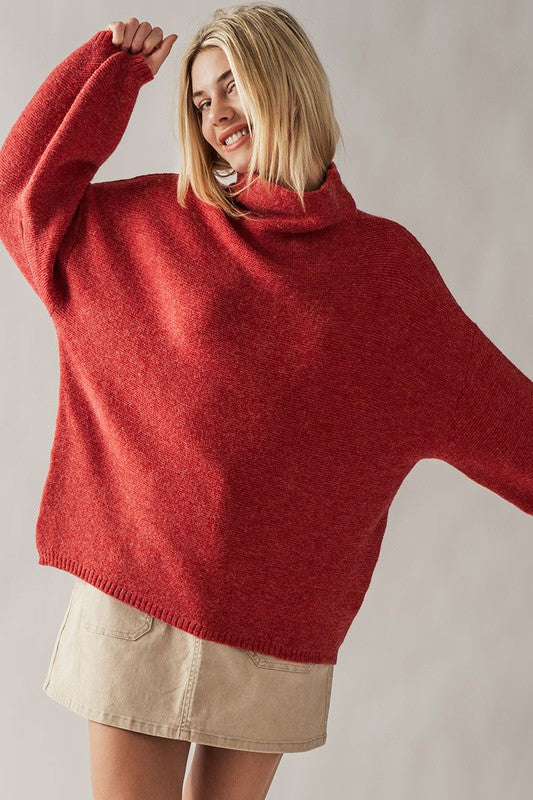 TEXTURE KNIT BELL SLEEVE TURTLE NECK SWEATER