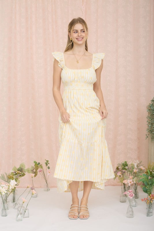 Stripe Floral Flounce Strap Tiered Midi Dress
