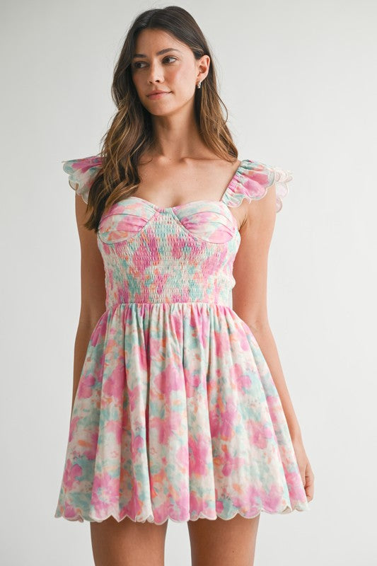 Floral Print Ruffle Sleeve Smocked Mini Dress