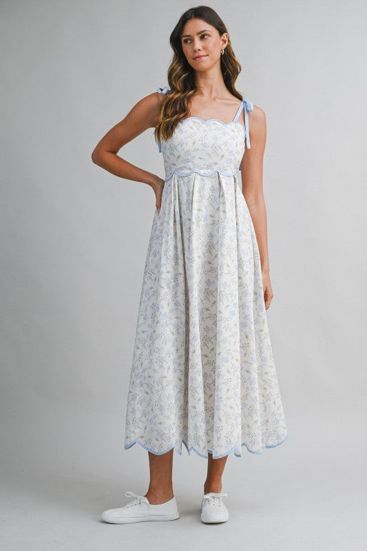 Floral Print Scallop Hem Contrast Self Tie Strap Midi Dress