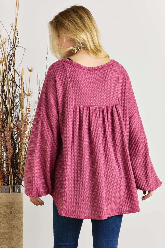 LONG PUFF SLEEVE VNECK TOP W/BUTTONS
