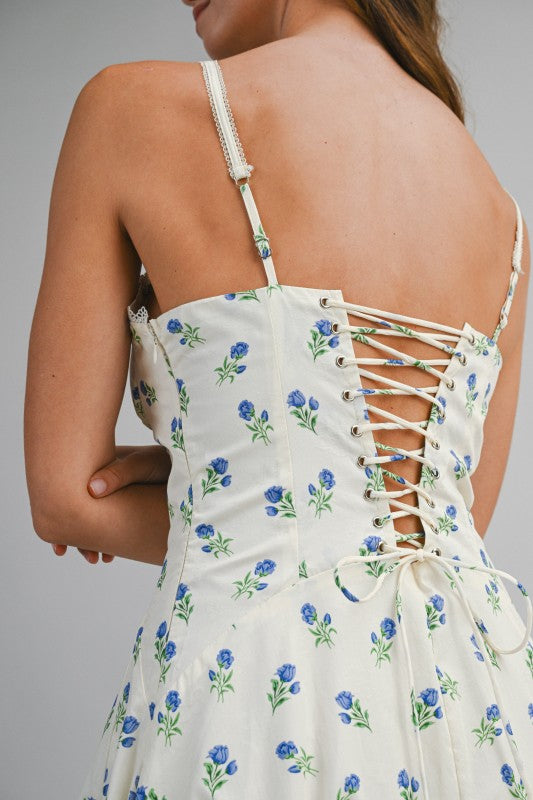 Floral Printed Lace Trim Back Lace Up Midi Dress