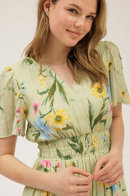 Multicolor Floral Short Sleeve Tiered Midi Dress