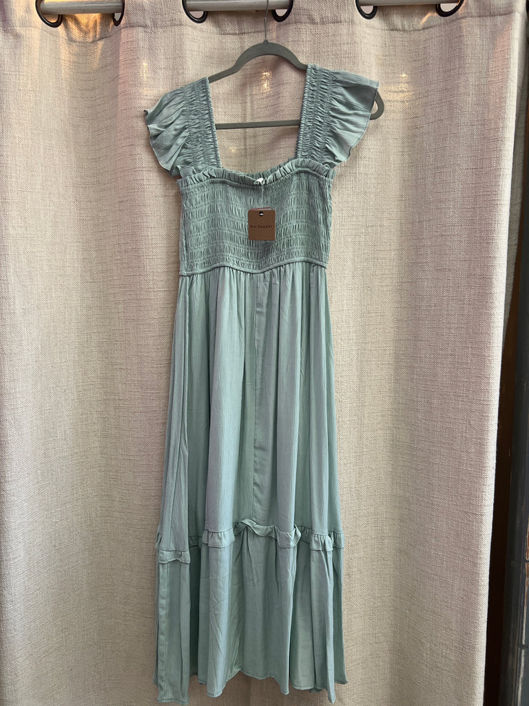 Mock Button Down Smocked Ruffle Detail Midi Dress