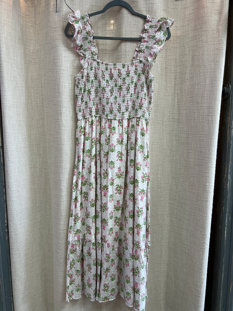 Floral Tile Pattern Smocked Sleeveless Midi Dress
