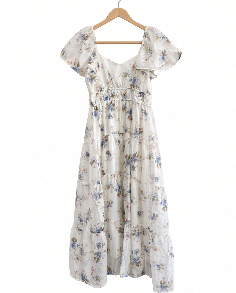 Floral Chiffon Flounce Sleeve Shirred Midi Dress