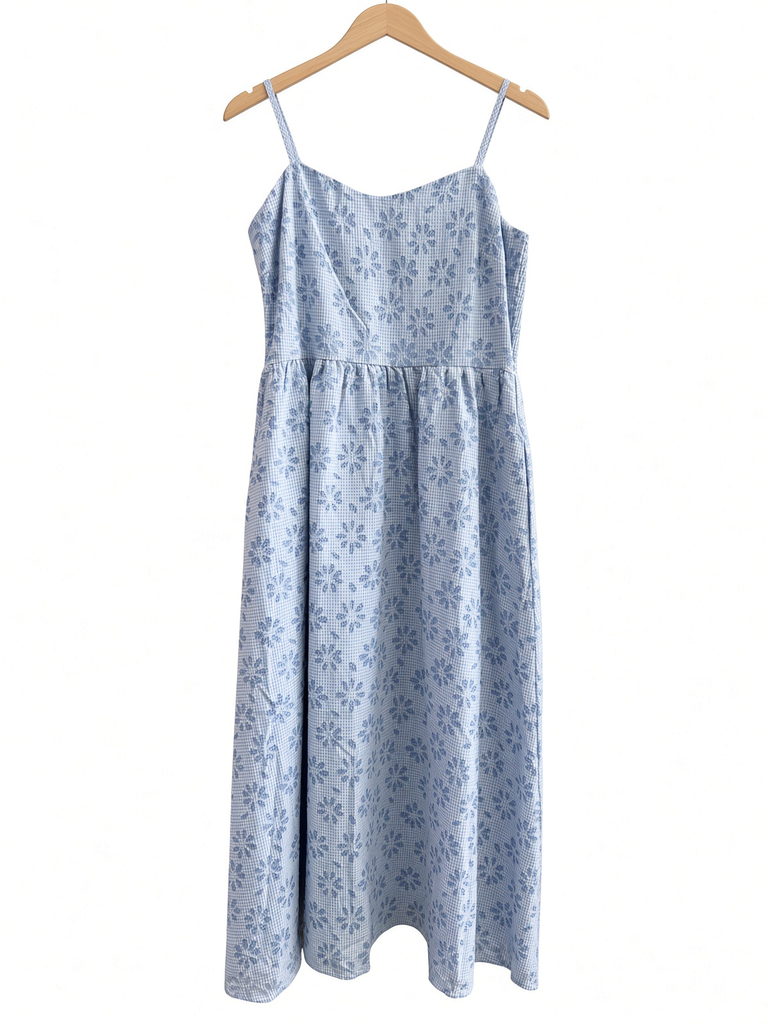 Sweetheart Floral Laser Cut Gingham Midi Dress