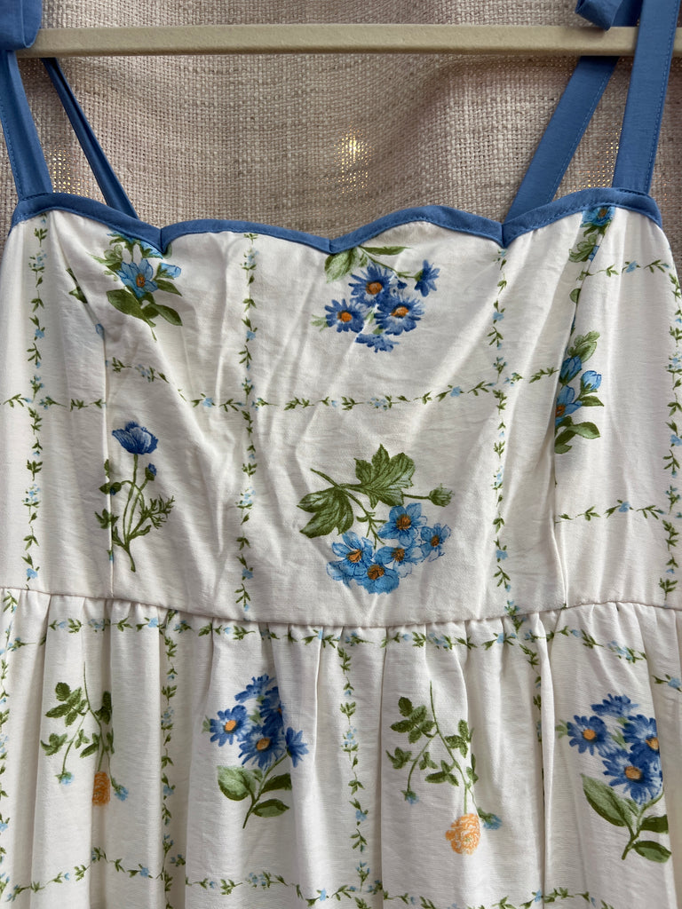 Floral Tile Pattern Scalloped Tie Strap Midi Dress