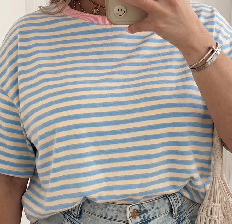 Stripe Plus Size Drop Shoulder Trim Round Neck Tee