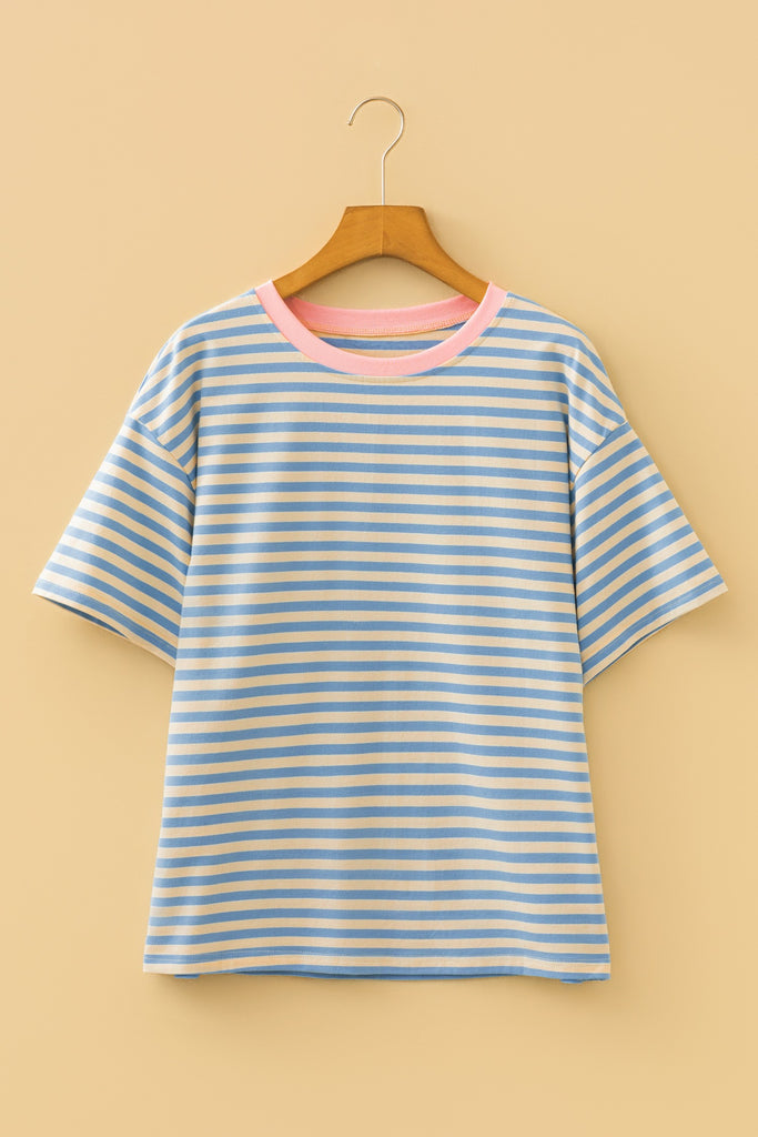 Stripe Plus Size Drop Shoulder Trim Round Neck Tee