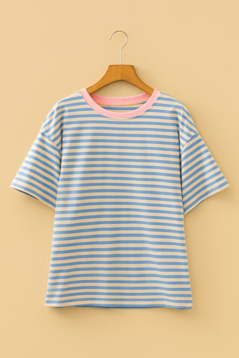 Stripe Plus Size Drop Shoulder Trim Round Neck Tee