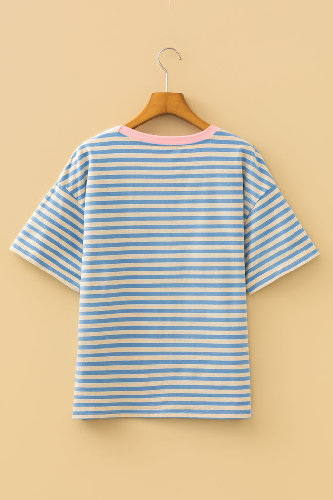 Stripe Plus Size Drop Shoulder Trim Round Neck Tee
