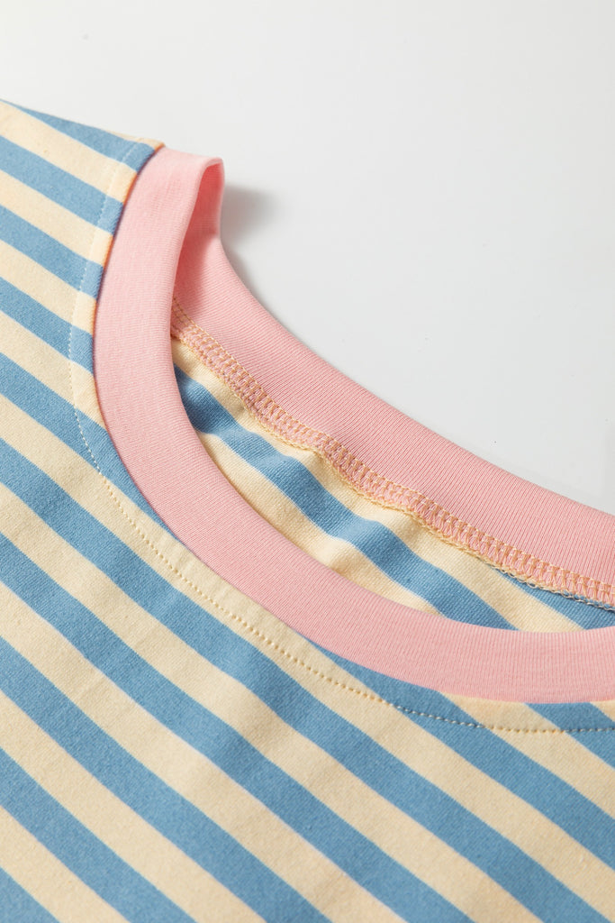 Stripe Plus Size Drop Shoulder Trim Round Neck Tee