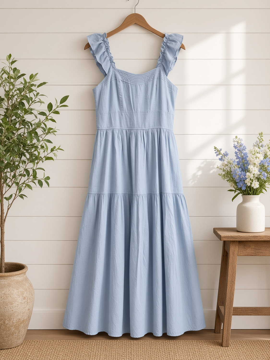 Cloud Gazing Airy Smocked Back Tiered Midi Dress