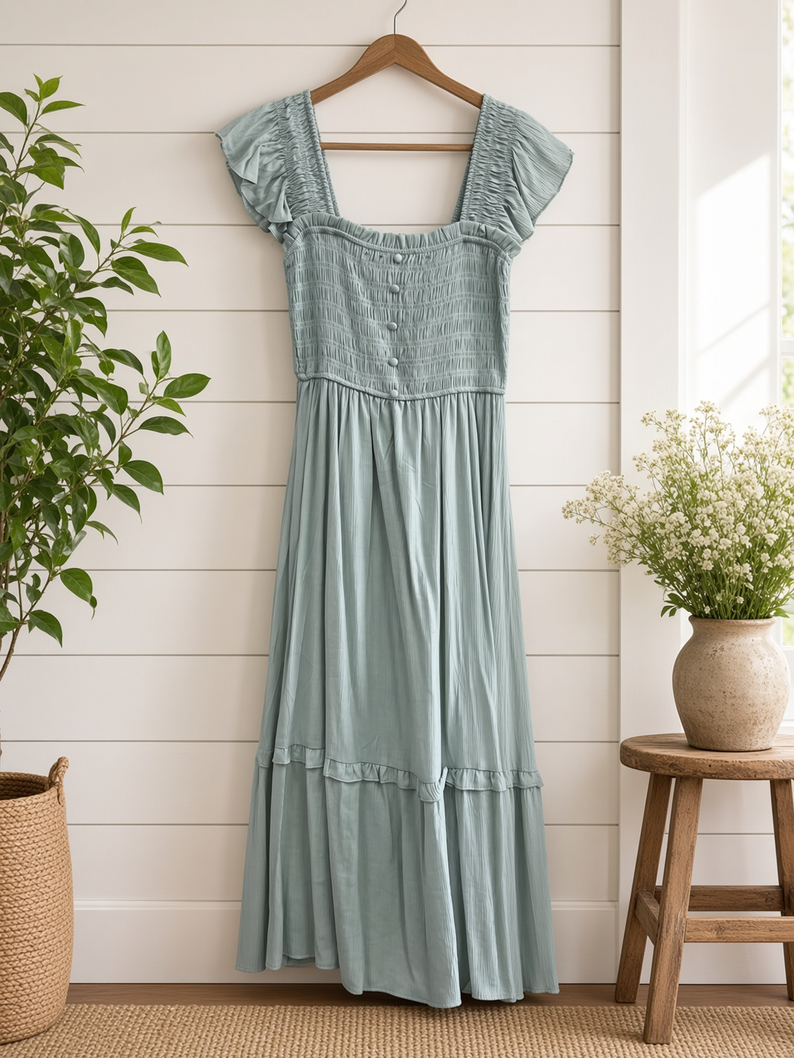Mock Button Down Smocked Ruffle Detail Midi Dress