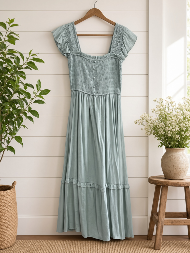 Mock Button Down Smocked Ruffle Detail Midi Dress