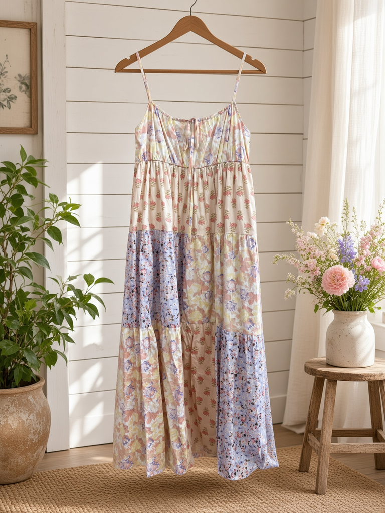 Softly Mixed Cotton Floral Tiered Midi Dress