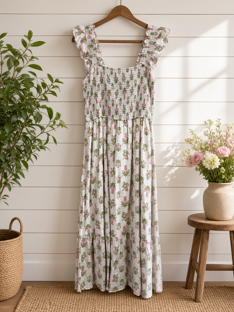 Floral Tile Pattern Smocked Sleeveless Midi Dress