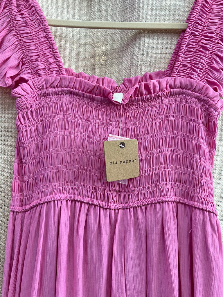 Mock Button Down Smocked Ruffle Detail Midi Dress