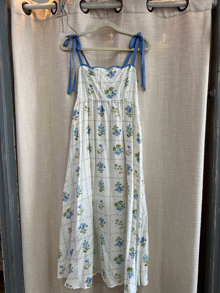 Floral Tile Pattern Scalloped Tie Strap Midi Dress