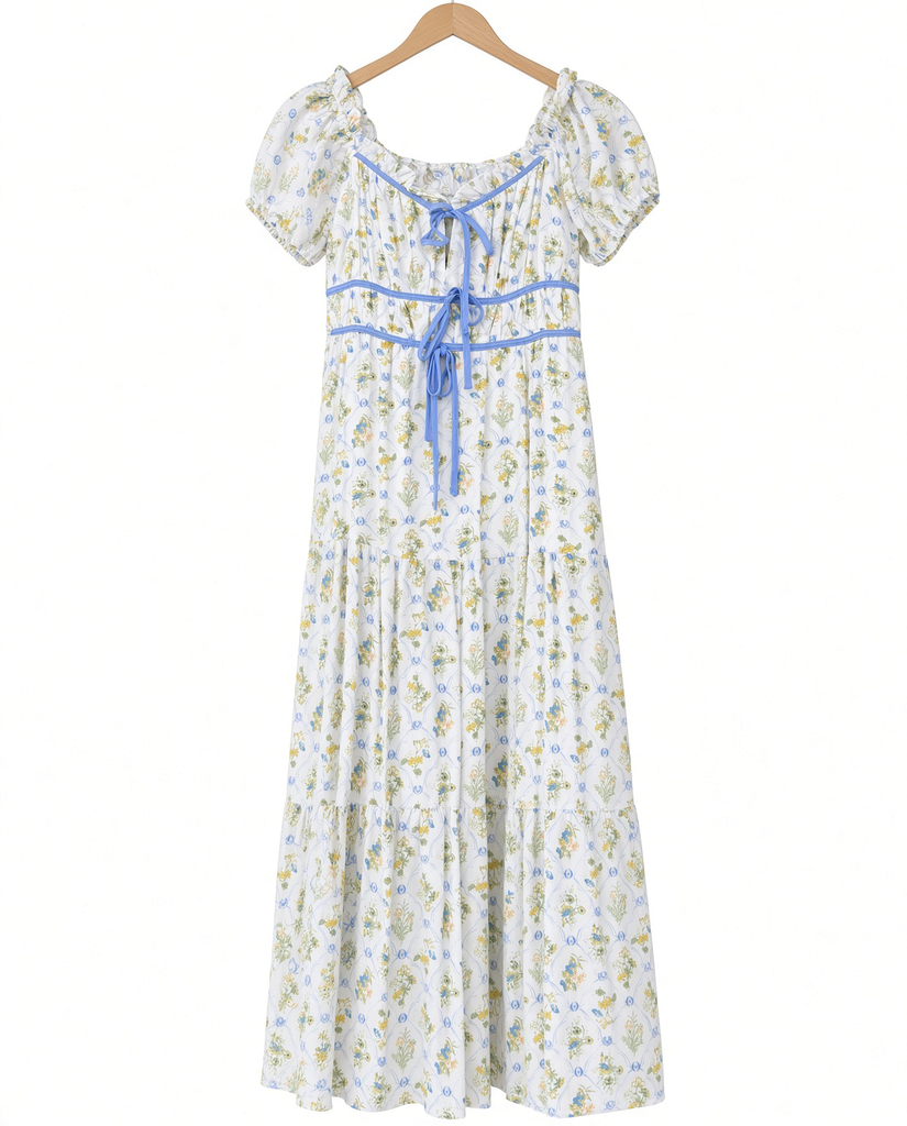 Floral Tile Print Contrast Tie Detail Midi Dress