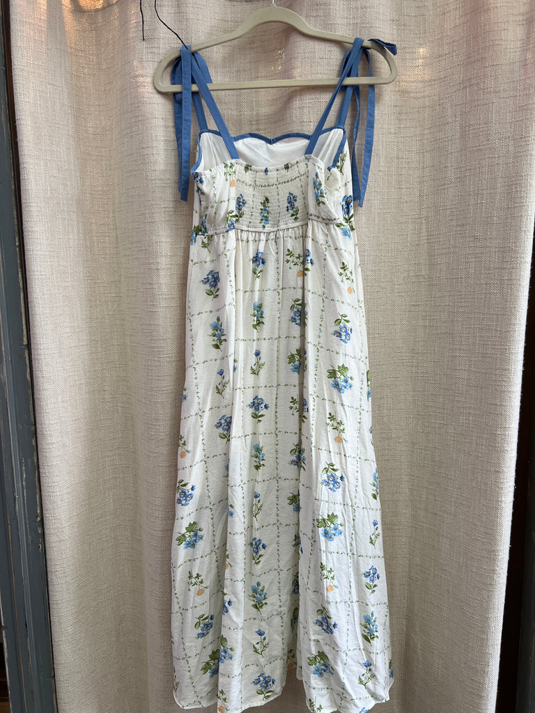 Floral Tile Pattern Scalloped Tie Strap Midi Dress