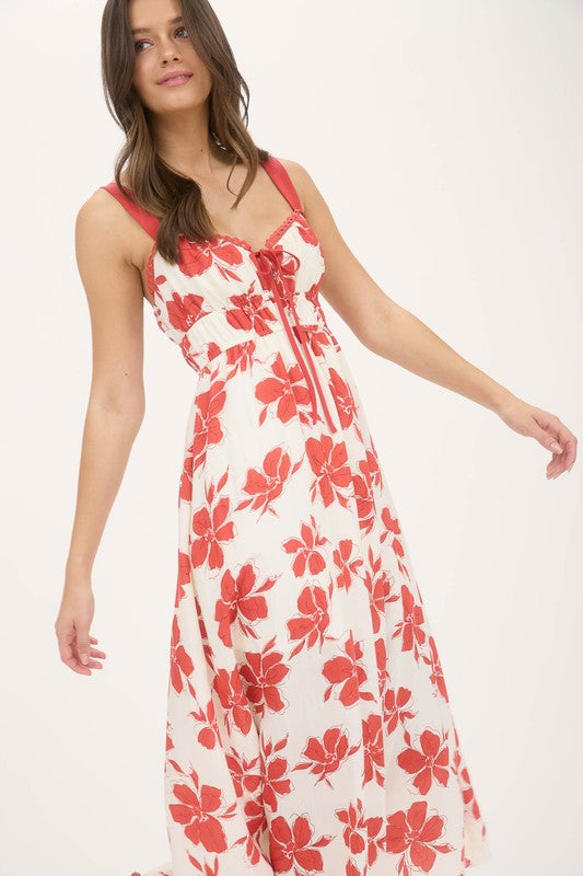 Floral Sweetheart Front Tie With Cutout Midi Dress