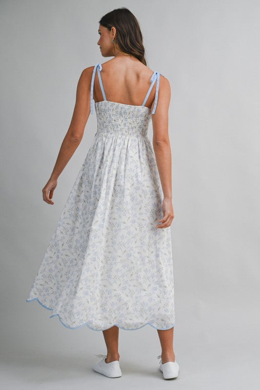 Floral Print Scallop Hem Contrast Self Tie Strap Midi Dress
