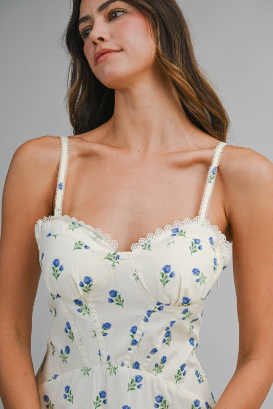 Floral Printed Lace Trim Back Lace Up Midi Dress