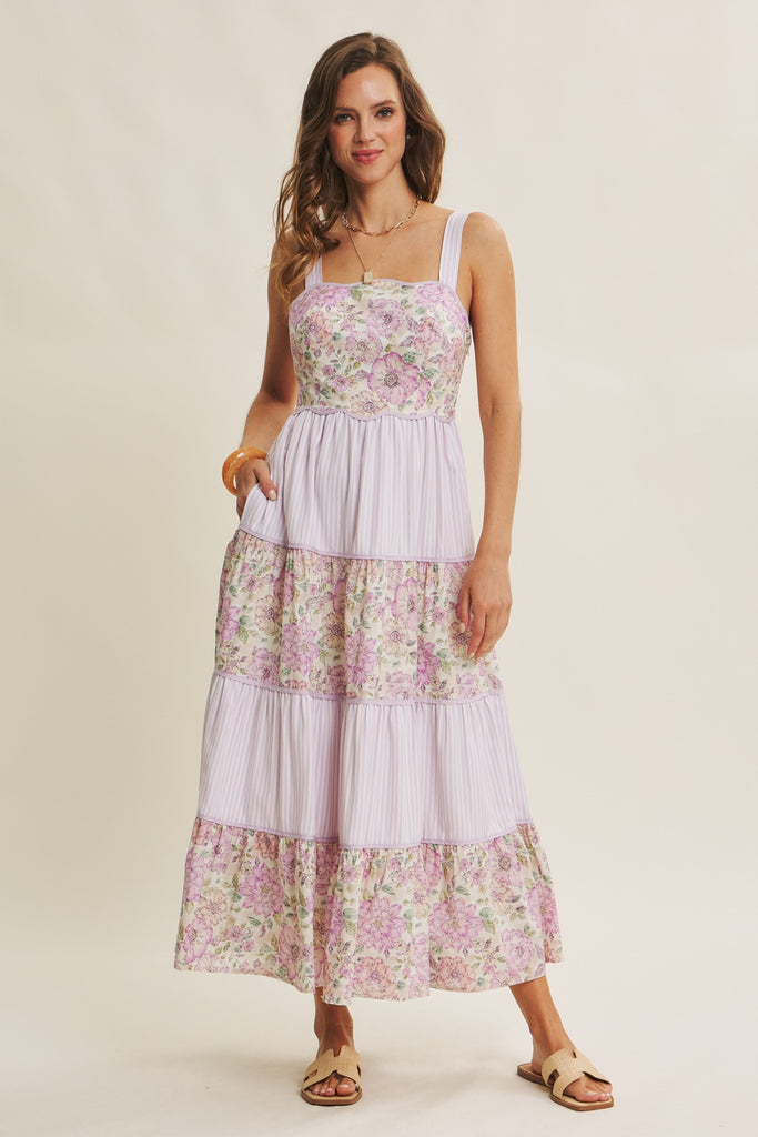Dreamy Ideal Florals And Stripes Tiered Midi Dress