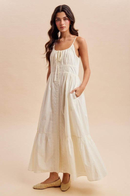 Gathered Cotton Button Down Maxi Dress